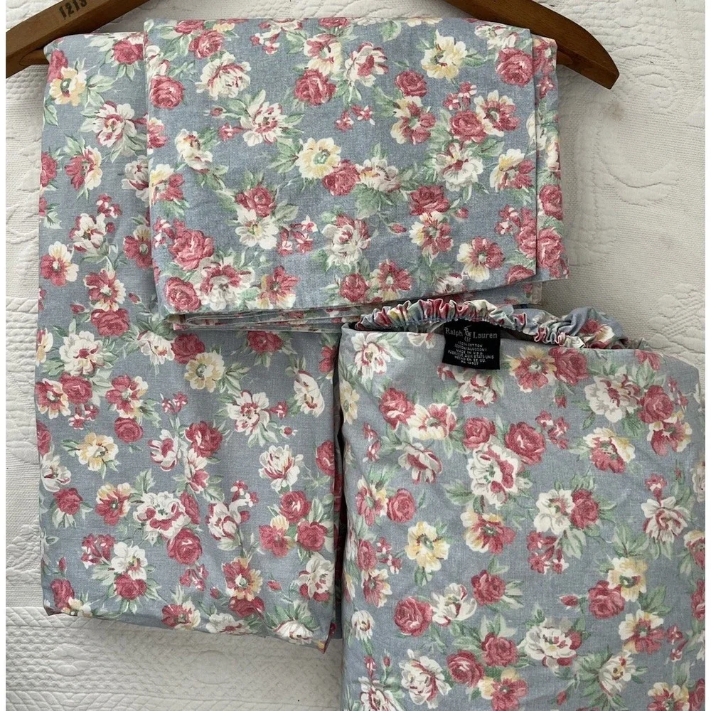 VTG Ralph Lauren Hope Floral TWIN Set 4 Pieces 100% Cotton Cases Flat Fitted